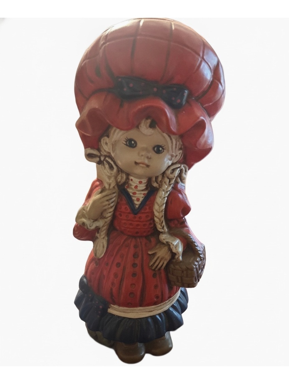 Vintage Ceramic Figurine of Girl in Red Bonnet and Dress